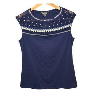 Eddie Bauer Lace Embroidered Top Womens Size Large Navy Blue Sleeveless Boho NWT